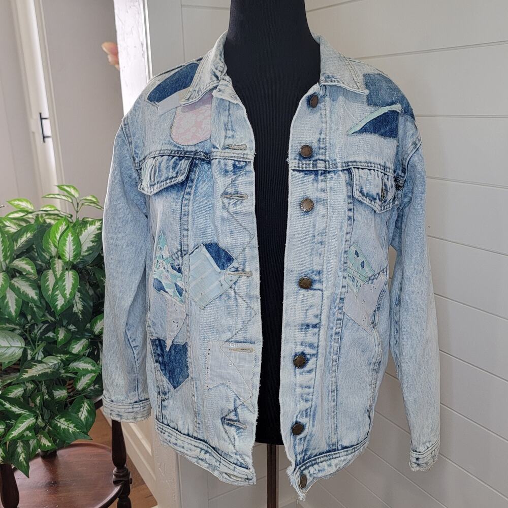Vintage 80s Acid Wash Denim Jacket Patchwork Distressed Made In Shade